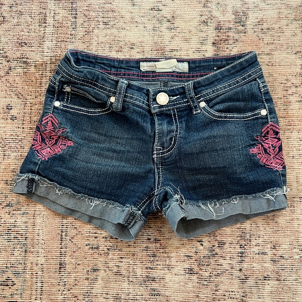 Free Planet Girls Navy Denim Shorts with Magenta Embroidery